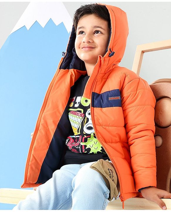 Pine Kids Full Sleeves Hooded Solid Heavy Winter Jacket - Orange