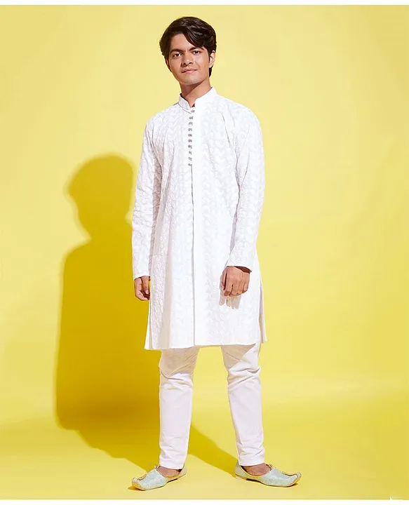 Buy Vastramay Pure Cotton Full Sleeves Chikankari Embroidered Kurta Pyjama Set  White for Boys (15-16Years) Online in India, Shop at  - 14402423