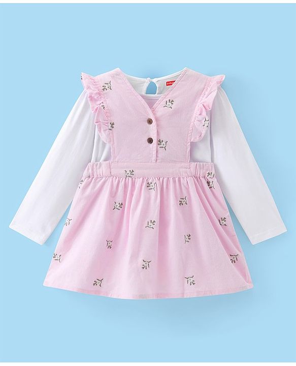 Babyhug 100% Cotton Cordrouy Embroidered Frock & Inner Tee With Floral Embroidery - White & Pink