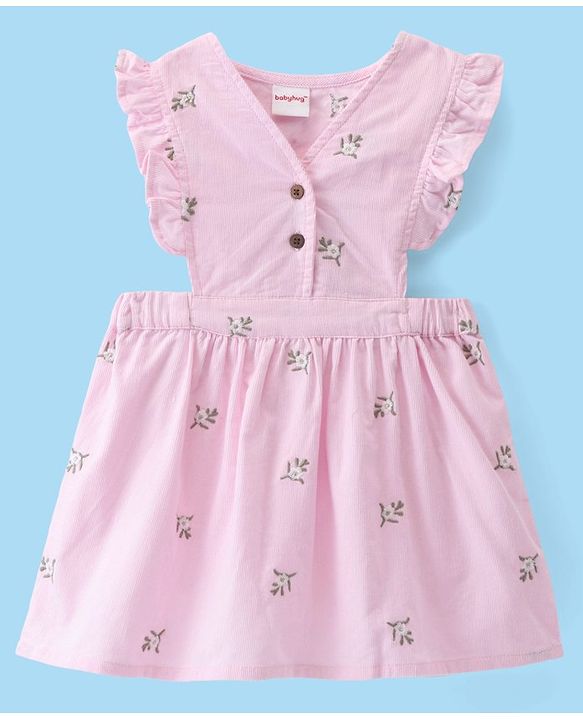Babyhug 100% Cotton Cordrouy Embroidered Frock & Inner Tee With Floral Embroidery - White & Pink