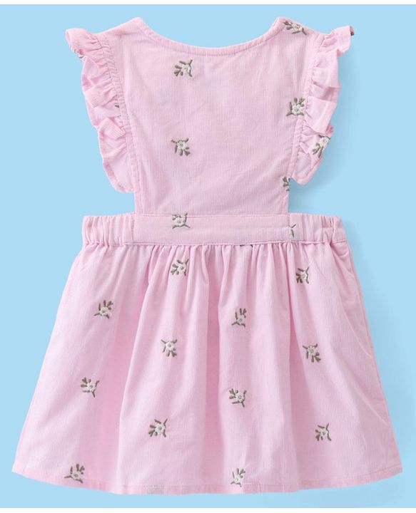 Babyhug 100% Cotton Cordrouy Embroidered Frock & Inner Tee With Floral Embroidery - White & Pink