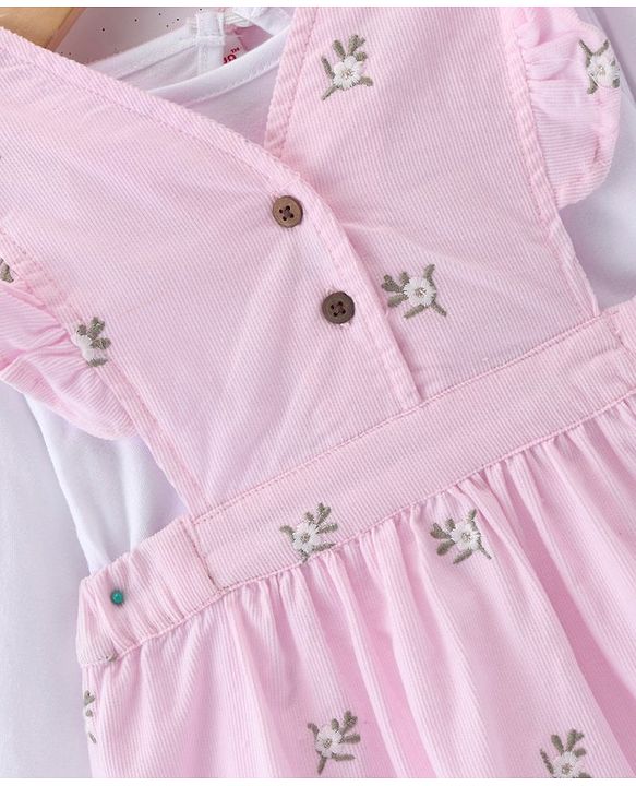 Babyhug 100% Cotton Cordrouy Embroidered Frock & Inner Tee With Floral Embroidery - White & Pink