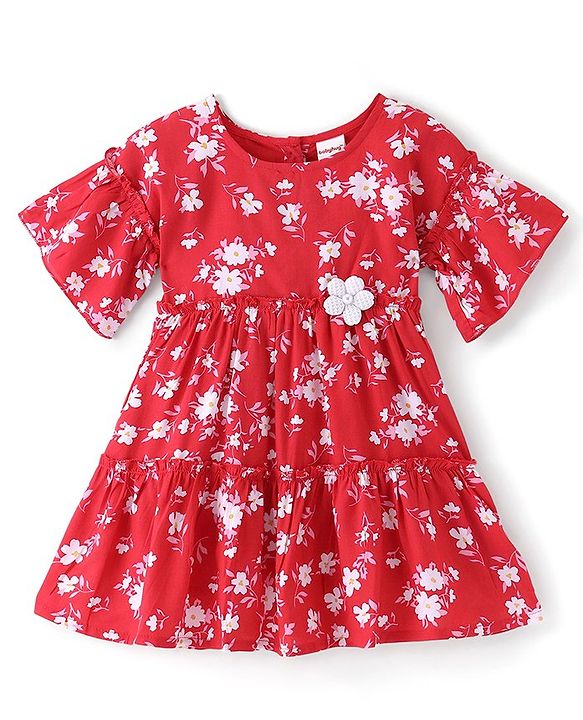 Babyhug Woven Half Sleeves Frock With Floral Print - Red