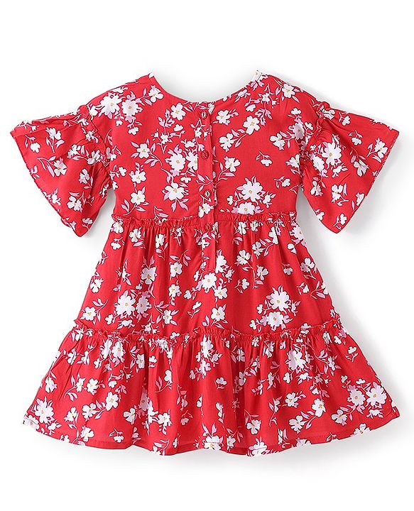 Babyhug Woven Half Sleeves Frock With Floral Print - Red