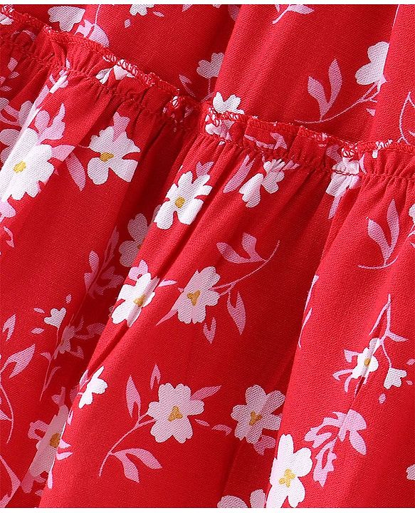 Babyhug Woven Half Sleeves Frock With Floral Print - Red