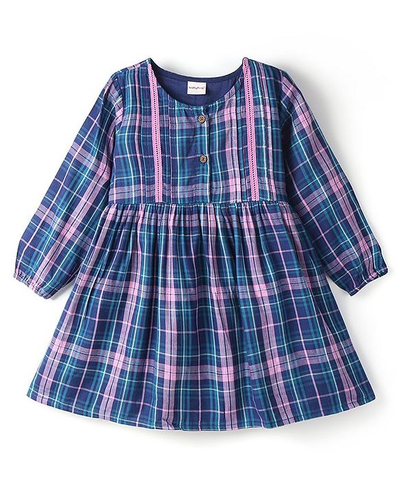 Babyhug Cotton Woven Full Sleeves Yard Dyed Checkered Frock - Blue