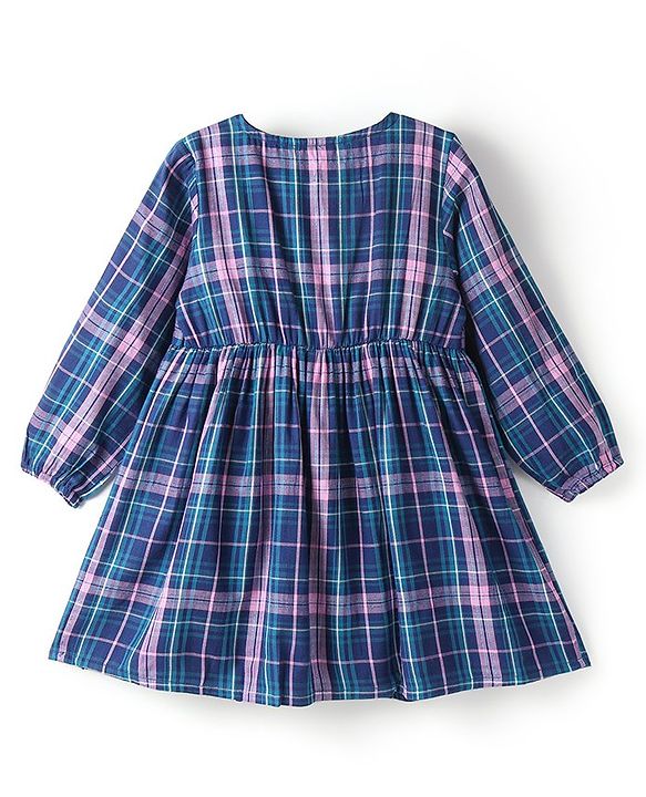 Babyhug Cotton Woven Full Sleeves Yard Dyed Checkered Frock - Blue
