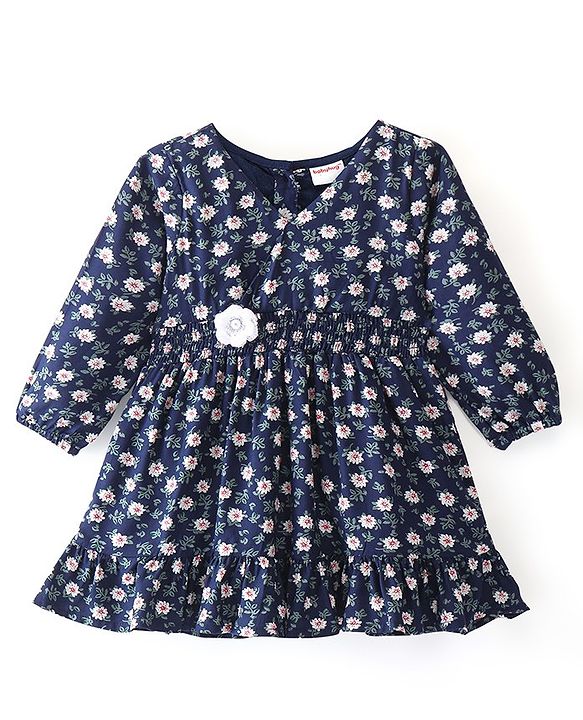 Babyhug 100% Cotton Knit Full Sleeves Frock With Floral Print & Floral Applique - Navy Blue