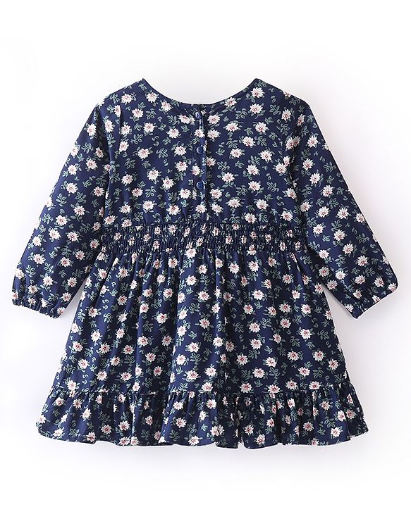 Babyhug 100% Cotton Knit Full Sleeves Frock With Floral Print & Floral Applique - Navy Blue