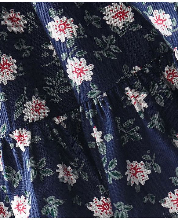 Babyhug 100% Cotton Knit Full Sleeves Frock With Floral Print & Floral Applique - Navy Blue