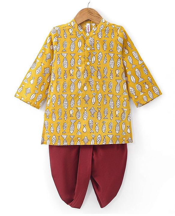 Babyhug Cotton Full Sleeves Fish Printed Kurta with Dhoti Set - Mustard