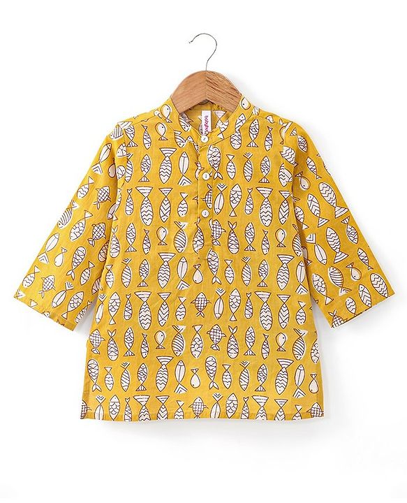 Babyhug Cotton Full Sleeves Fish Printed Kurta with Dhoti Set - Mustard