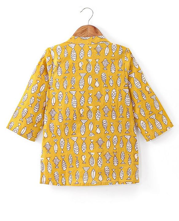 Babyhug Cotton Full Sleeves Fish Printed Kurta with Dhoti Set - Mustard