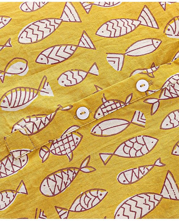 Babyhug Cotton Full Sleeves Fish Printed Kurta with Dhoti Set - Mustard