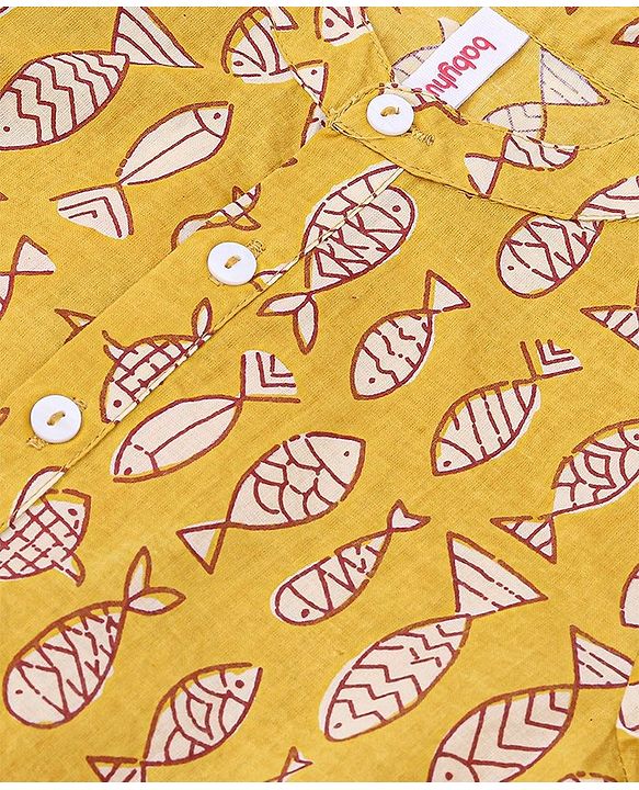 Babyhug Cotton Full Sleeves Fish Printed Kurta with Dhoti Set - Mustard