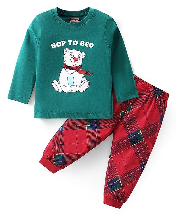 Babyhug Cotton Knit Full Sleeves Night Suit With Teddy Print - Green & Red