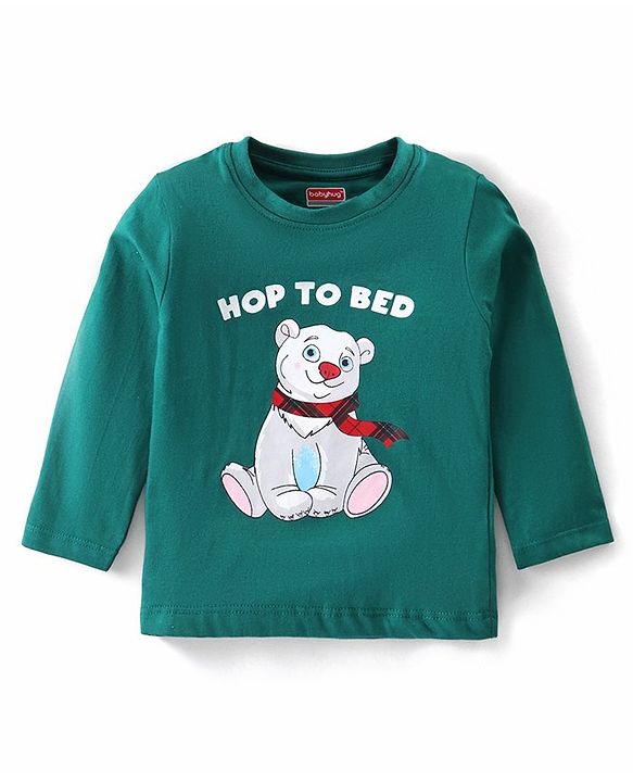 Babyhug Cotton Knit Full Sleeves Night Suit With Teddy Print - Green & Red