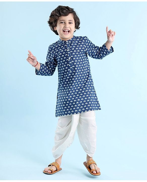 Babyhug Cotton Woven Full Sleeves Elephant Printed Kurta with Dhoti Set - Indigo