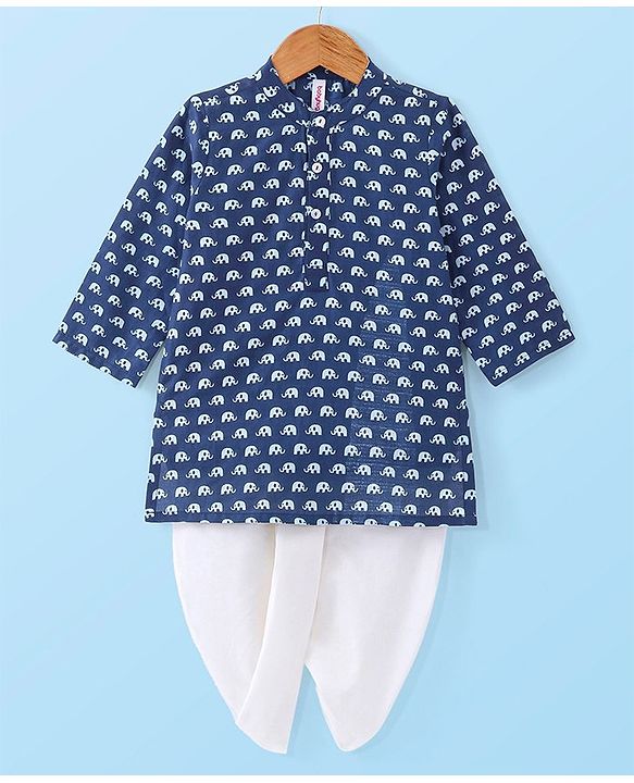 Babyhug Cotton Woven Full Sleeves Elephant Printed Kurta with Dhoti Set - Indigo