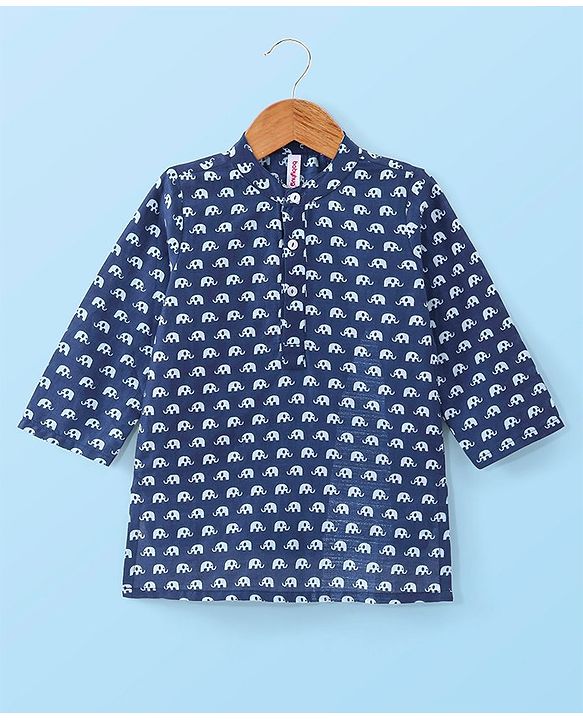 Babyhug Cotton Woven Full Sleeves Elephant Printed Kurta with Dhoti Set - Indigo