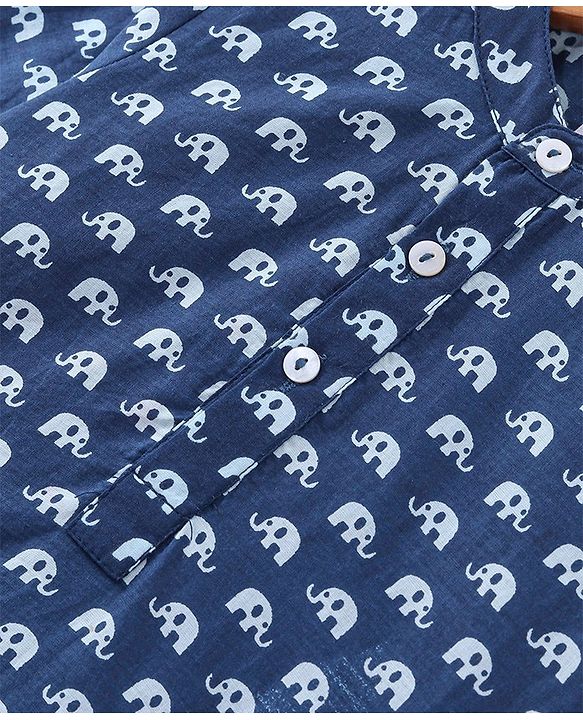 Babyhug Cotton Woven Full Sleeves Elephant Printed Kurta with Dhoti Set - Indigo