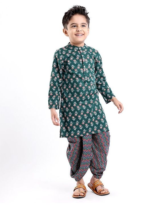 Babyhug Cotton Woven Full Sleeves Floral Printed Kurta with Dhoti Set - Green