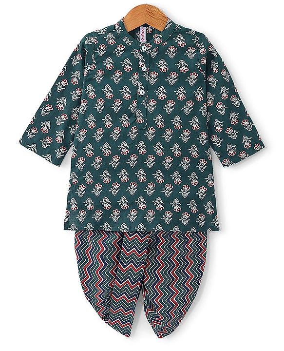 Babyhug Cotton Woven Full Sleeves Floral Printed Kurta with Dhoti Set - Green