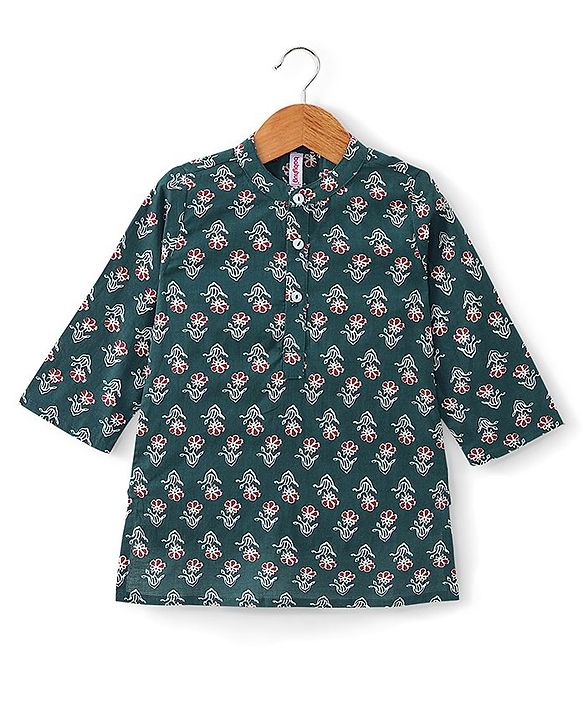 Babyhug Cotton Woven Full Sleeves Floral Printed Kurta with Dhoti Set - Green