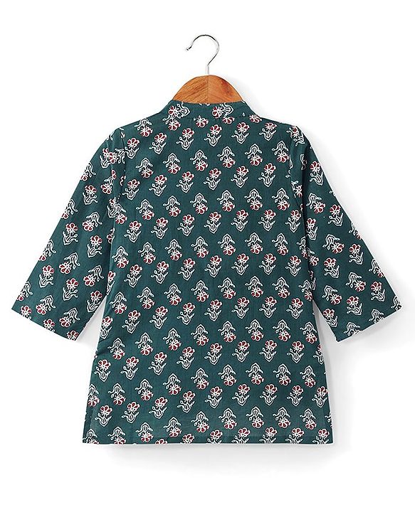 Babyhug Cotton Woven Full Sleeves Floral Printed Kurta with Dhoti Set - Green