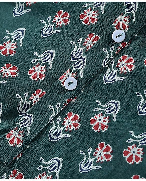 Babyhug Cotton Woven Full Sleeves Floral Printed Kurta with Dhoti Set - Green