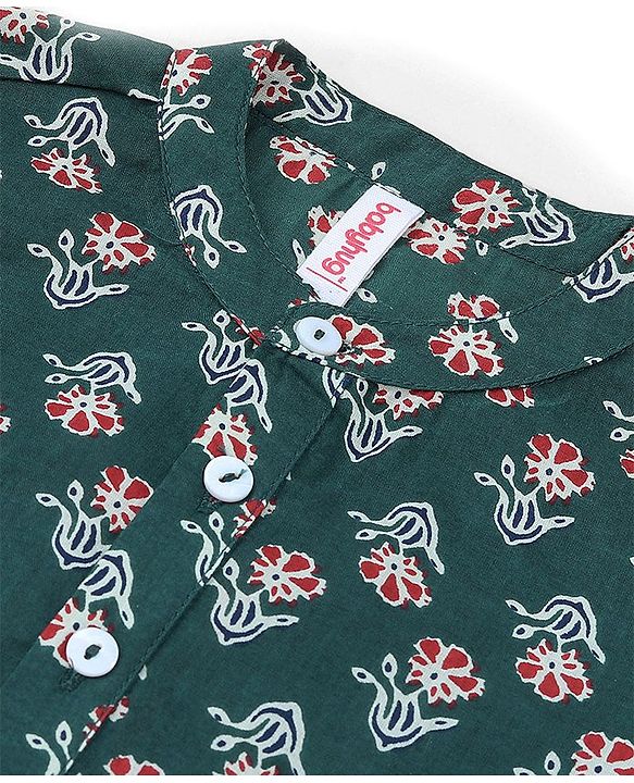 Babyhug Cotton Woven Full Sleeves Floral Printed Kurta with Dhoti Set - Green