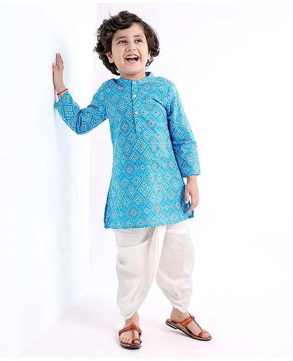Babyhug Cotton Woven Full Sleeves Bandhani Printed Kurta with Dhoti Set - Blue