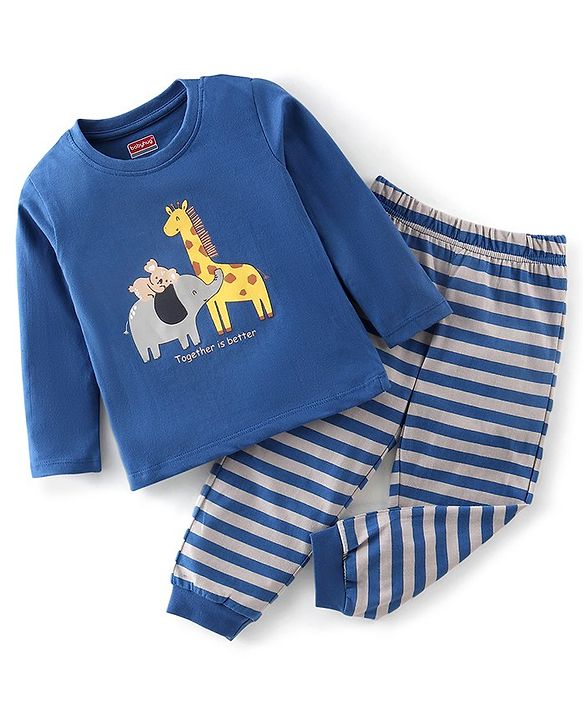 Babyhug Cotton Knit Full Sleeves Night Suit Stripes & Animal Print - Navy Blue & Grey