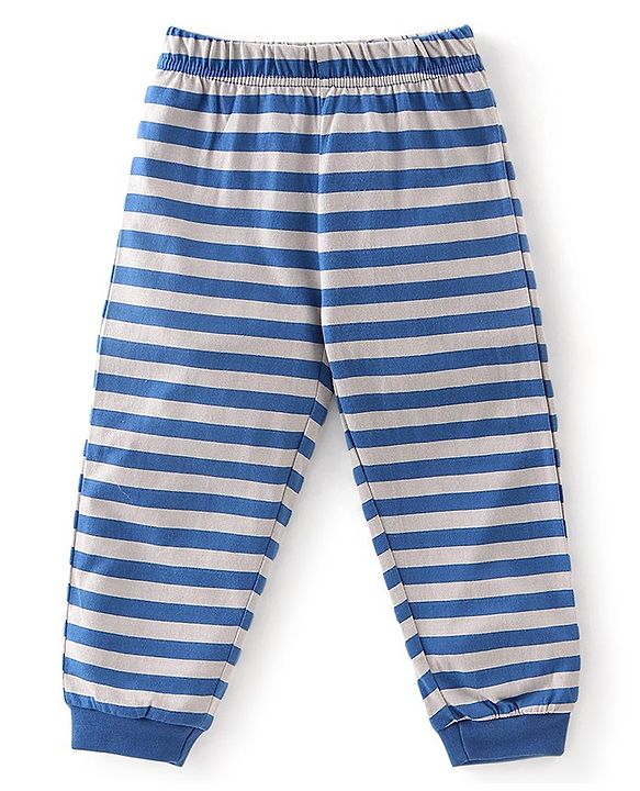 Babyhug Cotton Knit Full Sleeves Night Suit Stripes & Animal Print - Navy Blue & Grey