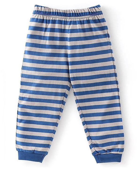 Babyhug Cotton Knit Full Sleeves Night Suit Stripes & Animal Print - Navy Blue & Grey