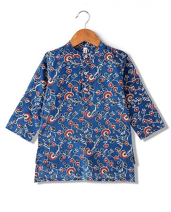 Babyhug 100% Cotton Woven Full Sleeves Floral Printed Kurta with Dhoti Set - Indigo Blue & Red