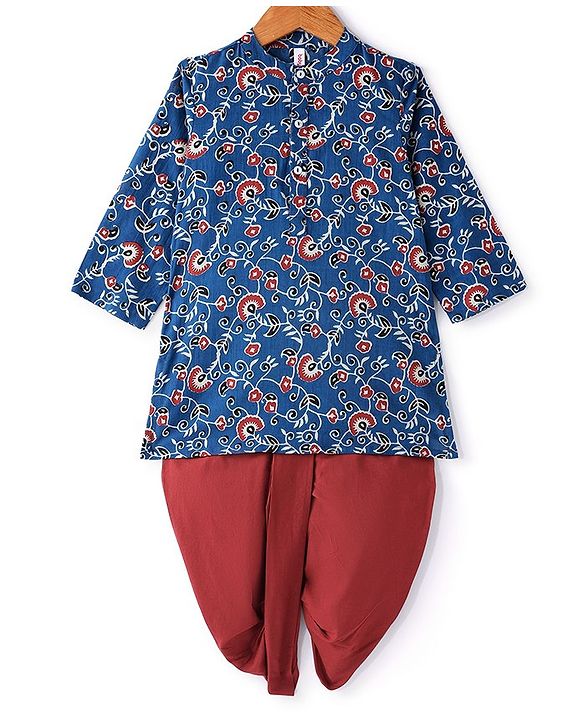 Babyhug 100% Cotton Woven Full Sleeves Floral Printed Kurta with Dhoti Set - Indigo Blue & Red
