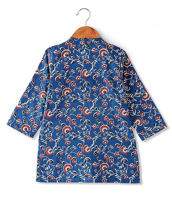 Babyhug 100% Cotton Woven Full Sleeves Floral Printed Kurta with Dhoti Set - Indigo Blue & Red