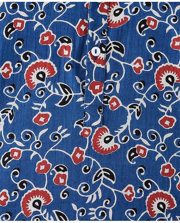 Babyhug 100% Cotton Woven Full Sleeves Floral Printed Kurta with Dhoti Set - Indigo Blue & Red