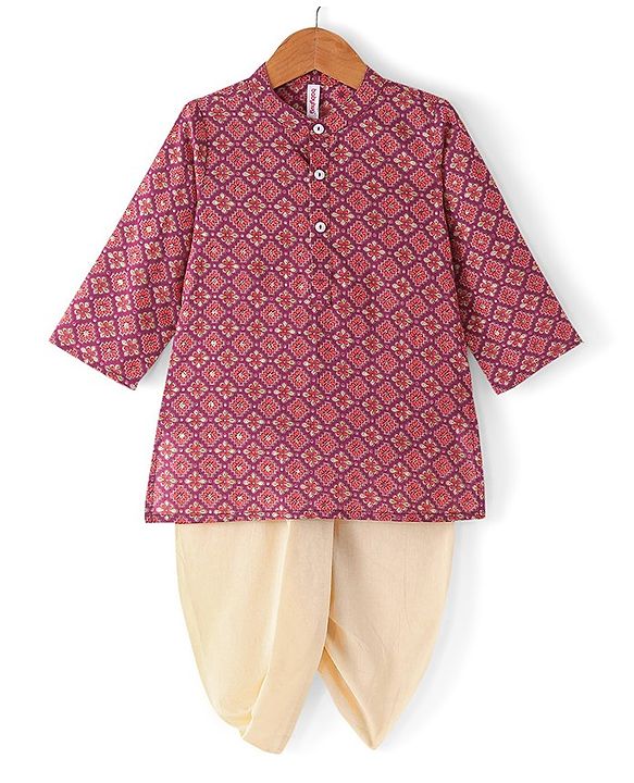 Babyhug 100% Cambric Full Sleeve Printed Kurta With Solid Dhoti Set - Magenta