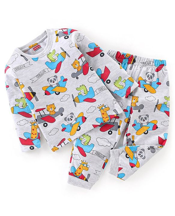 Babyhug Cotton Knit Full Sleeves Plane Printed Night Suit - Grey