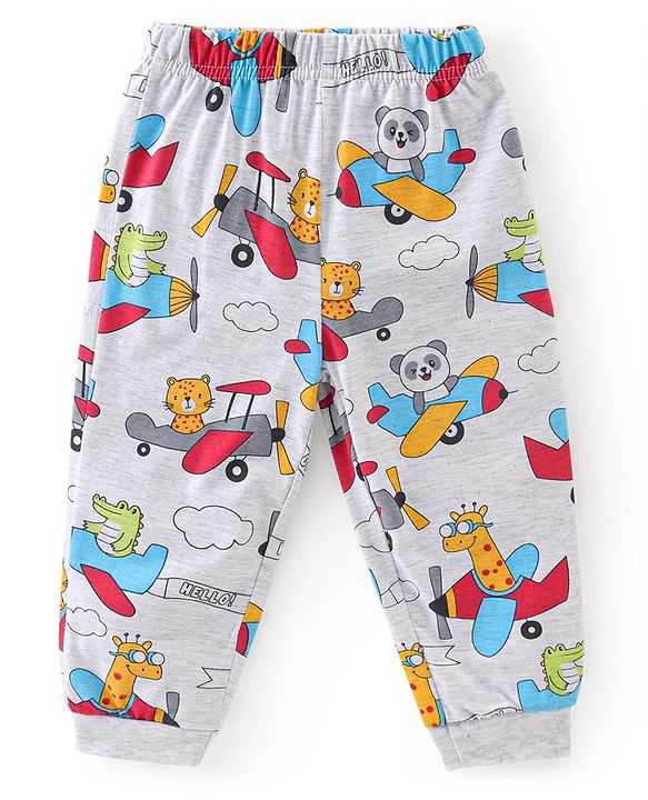 Babyhug Cotton Knit Full Sleeves Plane Printed Night Suit - Grey