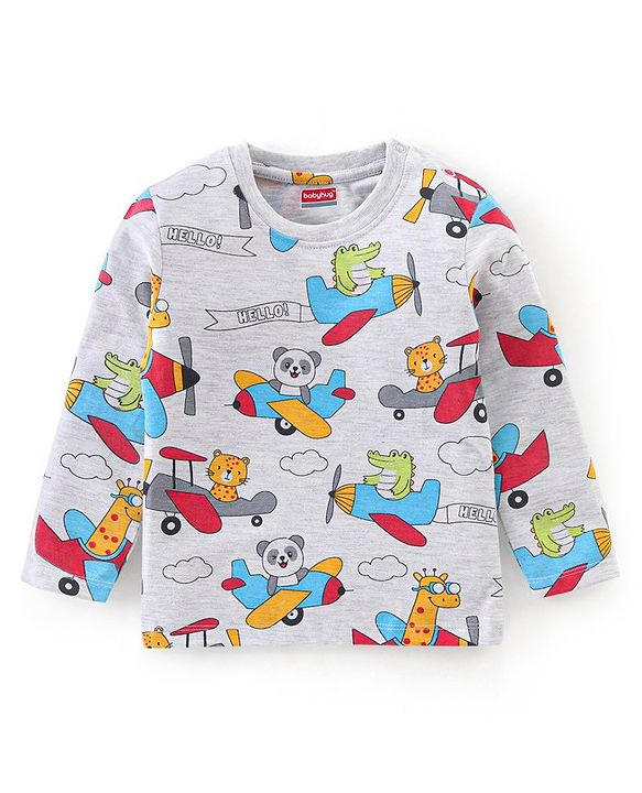 Babyhug Cotton Knit Full Sleeves Plane Printed Night Suit - Grey