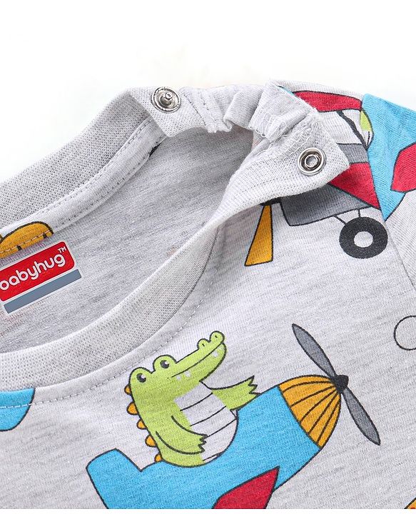 Babyhug Cotton Knit Full Sleeves Plane Printed Night Suit - Grey