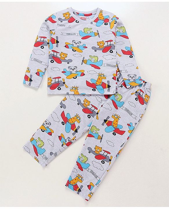Babyhug Cotton Knit Full Sleeves Plane Printed Night Suit - Grey