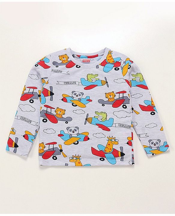 Babyhug Cotton Knit Full Sleeves Plane Printed Night Suit - Grey