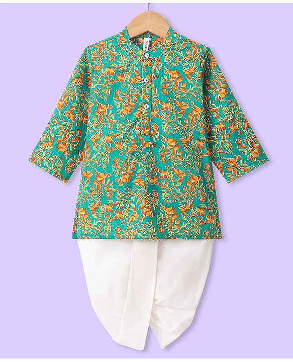 Babyhug 100% Cotton Woven Full Sleeves Floral Printed Kurta & Dhoti Set - Green