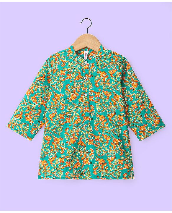Babyhug 100% Cotton Woven Full Sleeves Floral Printed Kurta & Dhoti Set - Green