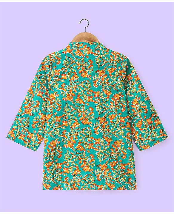 Babyhug 100% Cotton Woven Full Sleeves Floral Printed Kurta & Dhoti Set - Green