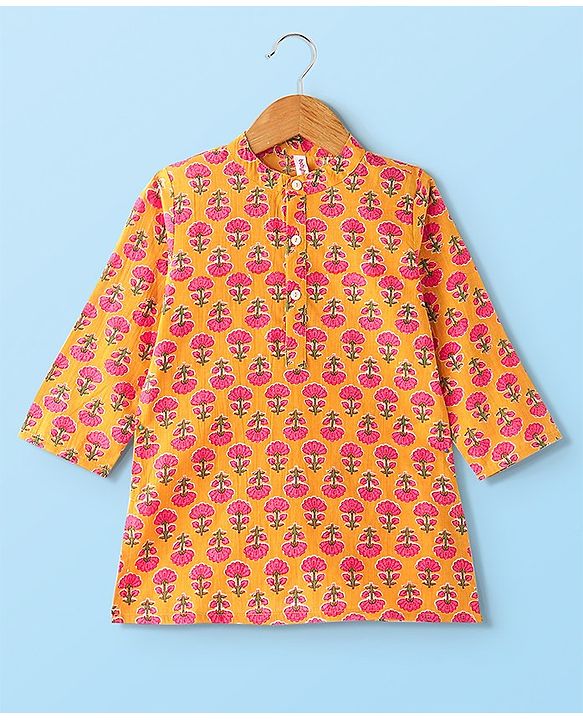Babyhug 100% Cotton Woven Full Sleeves Floral Printed Kurta & Dhoti Set - Mustard Yellow